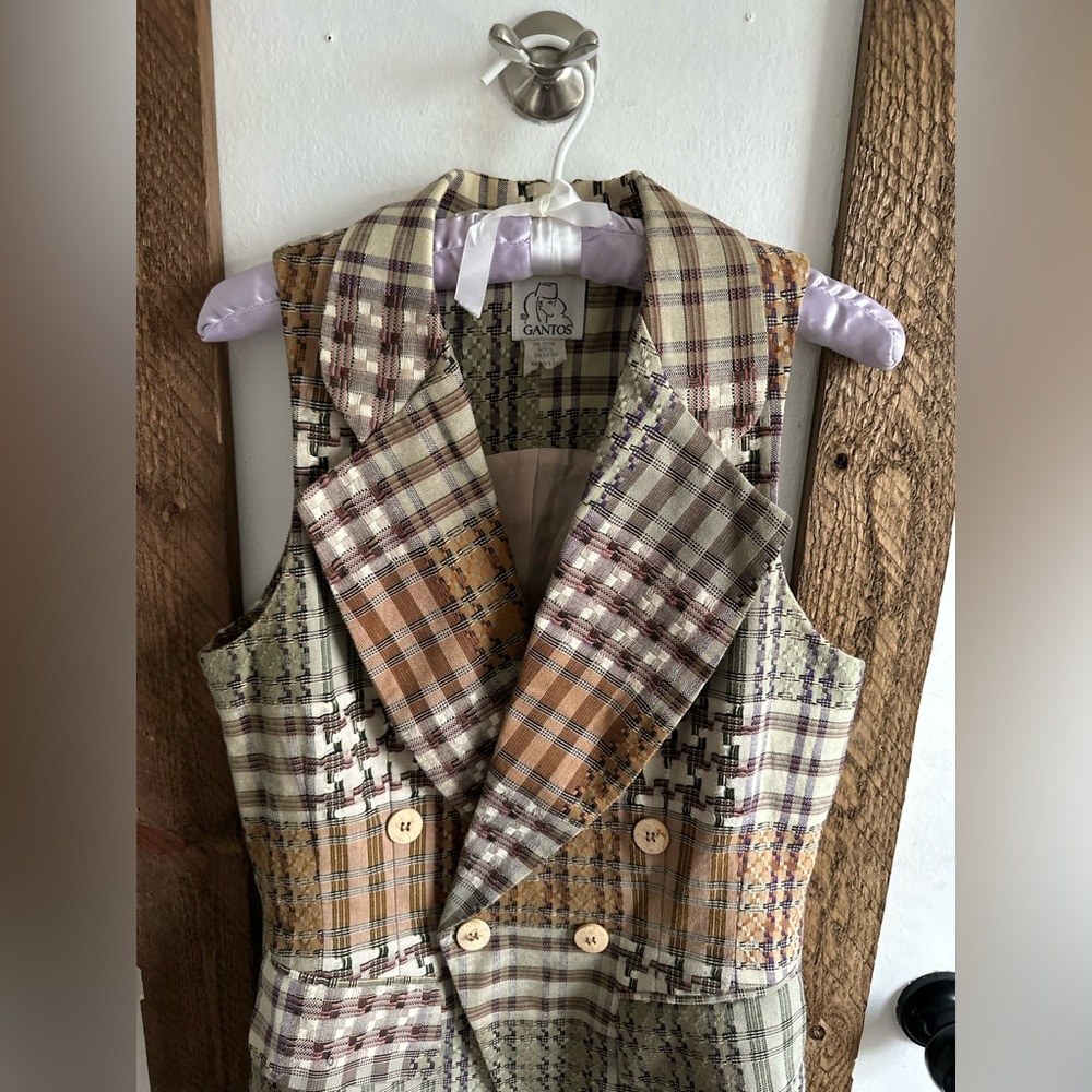 Gantos Women's Patchwork Plaid Double-Breasted Vest in Olive & Tan - Picture 5 of 13